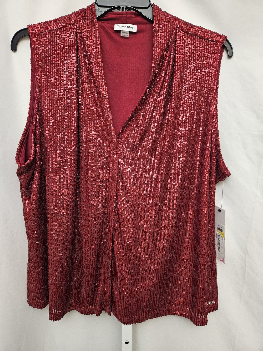 Calvin Klein Women's Red Sequin V-Neck Sleeveless Top Size 2X